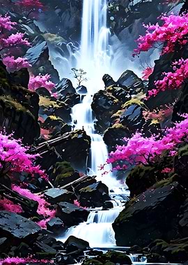 Waterfall with Cherry Blossoms Landscape