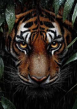 Tiger face in the rain