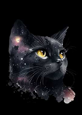 Cosmic Black Cat Watercolor Portrait