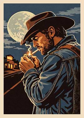 Cowboy Lighting Cigarette Under Moonlight