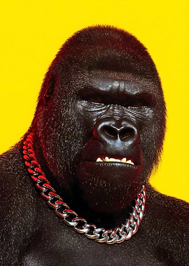 Gorilla with Chain on Yellow Background