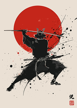 Samurai Warrior Poster, Japanese Katana Art Print, Red Sun Minimalist Wall Decor