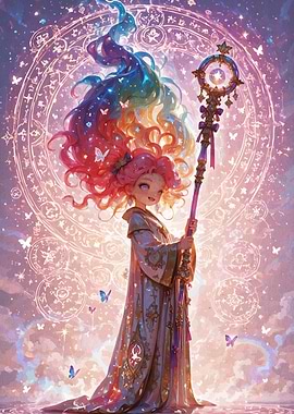 Magical Girl with Rainbow Hair and Staff