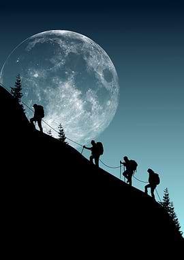 Hikers Silhouetted Against a Giant Moon