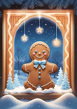 Gingerbread Man in Winter Window Scene
