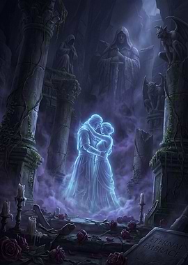 Eternal Embrace: Ghostly Couple in Ruins