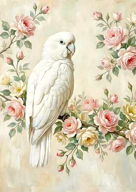 Cockatoo and Roses Painting