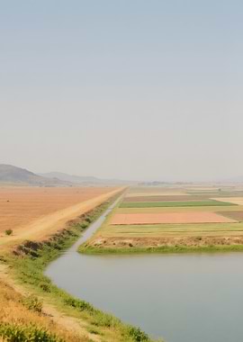 Agricultural landscape with fields and water