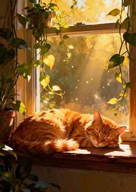 Sleeping Cat on Windowsill with Plants