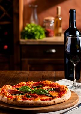 Pizza and Wine Still Life