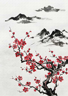 Red Plum Blossoms and Mountains Painting