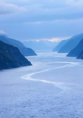 Blue fjord landscape with mountains and water