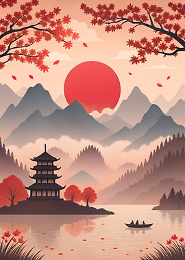 Japanese Landscape with Pagoda and Sunset