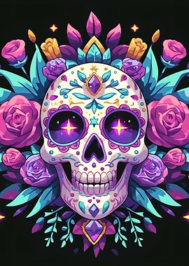 Colorful Sugar Skull with Floral Accents