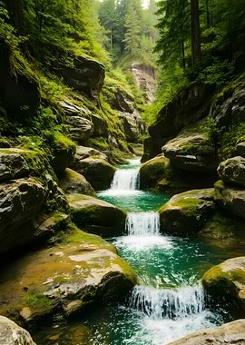 Cascading Waterfall in Lush Green Canyon