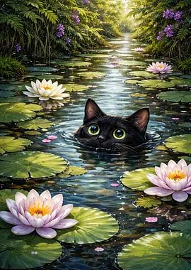 Black cat swimming in a pond