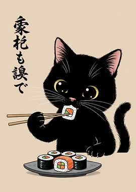 Black Cat Eating Sushi Illustration