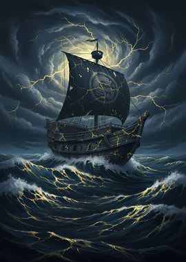 Stormy Seas Pirate Ship Kintsugi Illustration