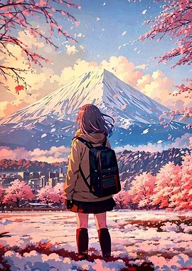 Anime Girl Gazing at Mount Fuji