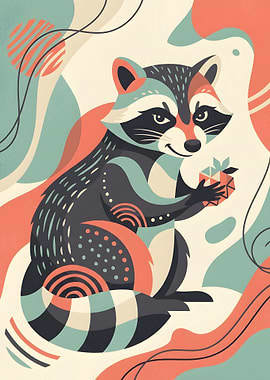 Stylized Raccoon with Gift Illustration