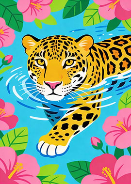 Jaguar swimming in water with flowers