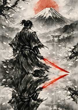 Samurai with Red Sword and Reflection