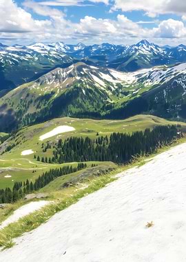 Mountain Range with Snow and Greenery