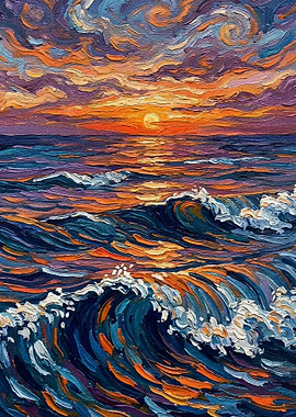Ocean Waves at Sunset Painting
