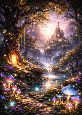 Enchanted Forest with Castle and Mushrooms