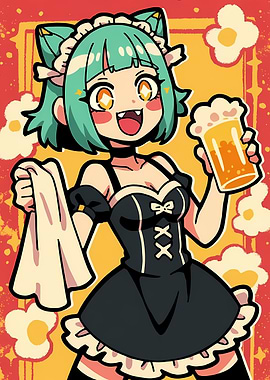 Anime Maid with Beer and Towel