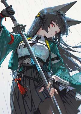 Anime Girl with Sword in Rain