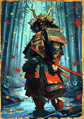 Samurai in Bamboo Forest Digital Art