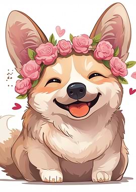 Happy Corgi with Flower Crown