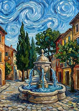 European Town Square with Fountain Painting