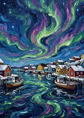 Northern Lights Over Coastal Village Painting