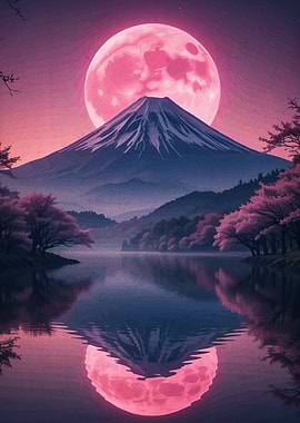 Mount Fuji and Pink Moon Reflection
