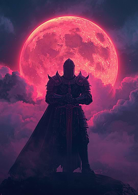 Knight Silhouette Before a Crimson Moon — Dark Fantasy Illustration