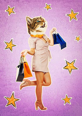 Cat-headed woman shopping with stars
