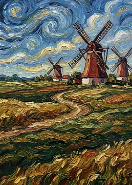 Windmills in a Field Painting