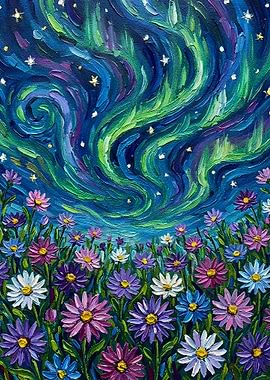 Aurora Borealis over Flower Field Painting