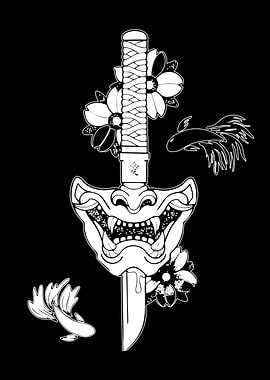 Samurai Sword with Oni Mask and Flowers