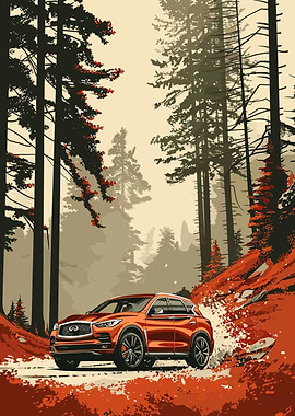 Orange Infiniti QX50 in Forest Illustration