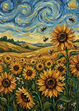 Sunflower Field with Bees, Van Gogh Style