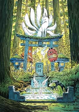 Japanese Yokai Forest Shrine Illustration