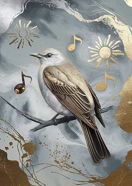 Northern Mockingbird on Branch with Music Notes