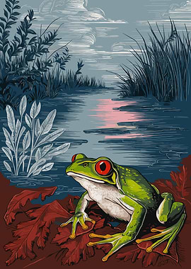 Green Frog with Red Eyes Illustration
