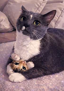 Cat and Kitten Cuddle Portrait