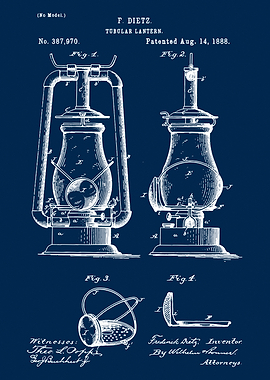 Vintage Tubular lantern 1888, Lantern patent, Vintage Inventions Blueprint