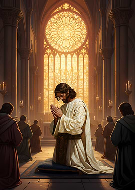 Jesus praying in a cathedral