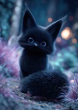 Cute Black Kitten in Enchanted Forest